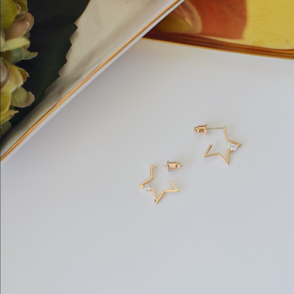 Gold Star Zircon Stud Earrings Silver Posts - Picture 2 of 5